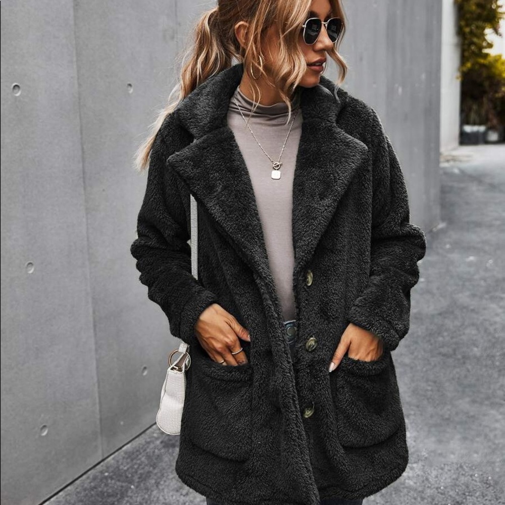 Warm khaki comfy button pocket teddy jacket coat - Picture 8 of 12